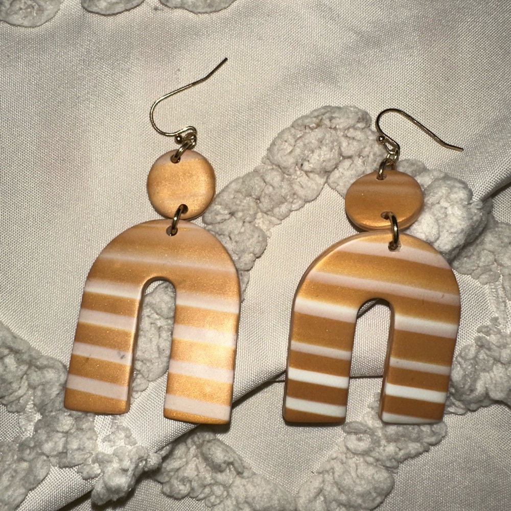 Striped Tan and White Arch Earrings